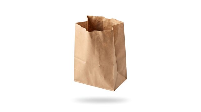 Brown paper bag, floating mid-air view, isolated on pure white background, hyperrealistic studio product photography