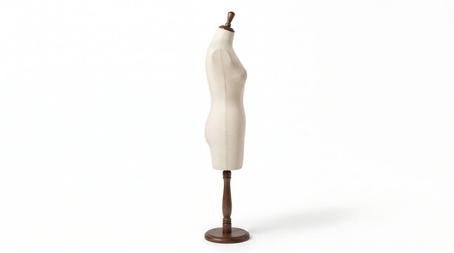 Fabric mannequin dress form, side profile view, isolated on pure white background, hyperrealistic studio product photography