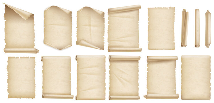 Old scrolls and antique parchments. Manuscripts with forms with authentic aged texture, curled edges and elegant folds. Vector vintage papers and historical documents