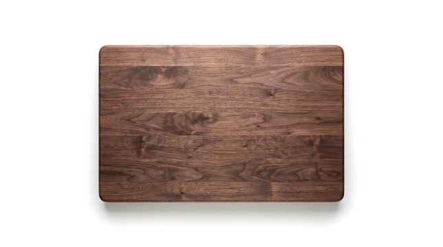 Wooden cutting board, top-down flat lay view, isolated on pure white background, hyperrealistic studio product photography