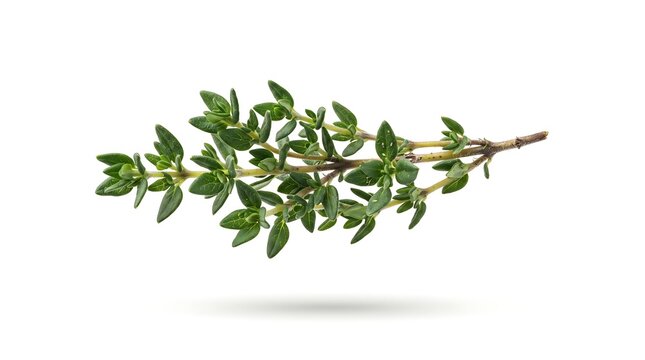 Sprig of thyme, floating mid-air view, isolated on pure white background, hyperrealistic studio product photography