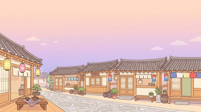 Beautiful traditional korean hanok village during sunset featuring vibrant lanterns and a picturesque pathway