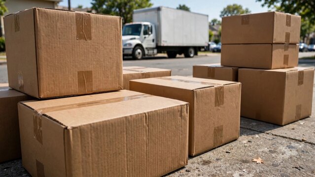Cardboard boxes stacked on a sidewalk, with a delivery truck in the background