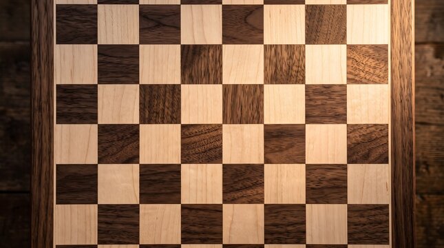 Vintage wooden chessboard with walnut and maple squares, handcrafted wood game board, rustic tabletop strategy game background
