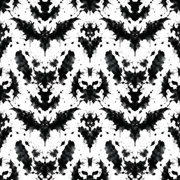 Spooky Halloween Seamless Pattern with Black Inkblot Bats and Gothic Rorschach Watercolor Splatters