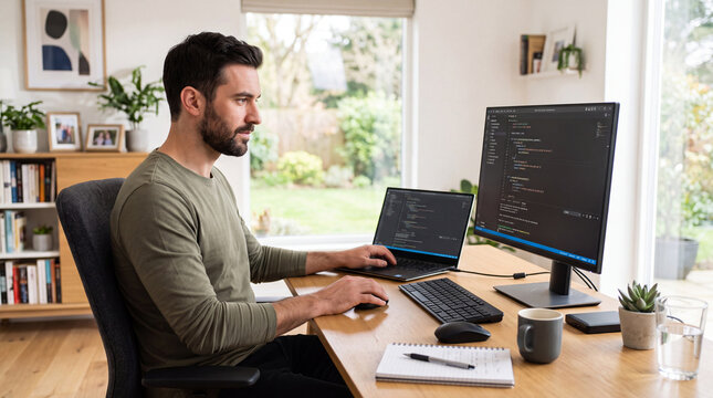Remote software developer working from home on a computer, coding and programming online