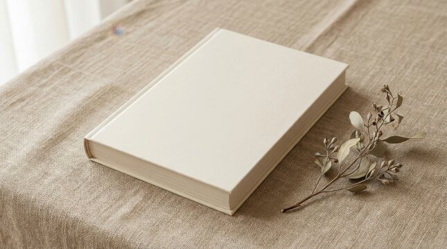 Blank book with dried flower on textured fabric surface.