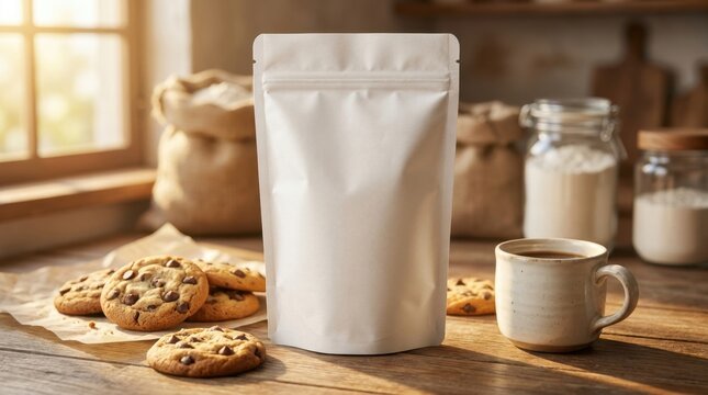 Blank white pouch bag with chocolate chip cookies and coffee cup on wooden table.
