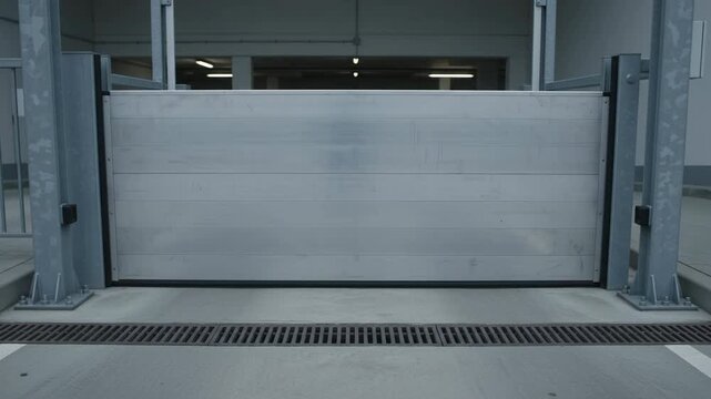 Metal Flood Protection Barrier Rising At Parking Garage Entrance