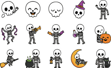 Obraz premium Halloween Vector Elements Collection with Ghosts, Pumpkins, Bats and Witch Hats