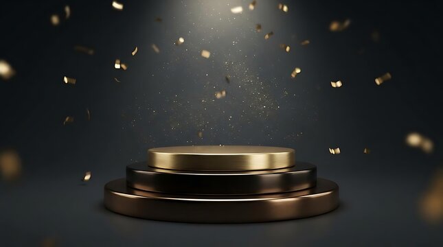 Golden podium with falling gold confetti