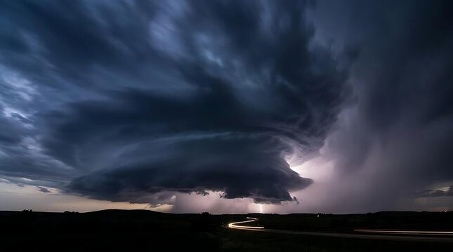 Supercell storm cloud with lightning and road light trails