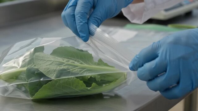 Gloved Hands Sealing Fresh Green Vegetable Sample In Plastic Bag