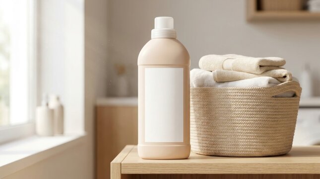 Laundry detergent bottle and basket of clean folded towels on a wooden table.
