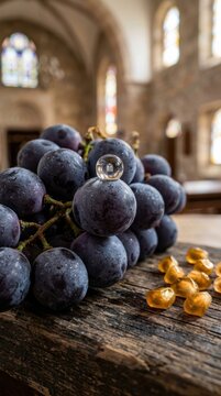 A bunch of dark purple grapes with a small glass marble on a rustic wooden table in a warm church interior