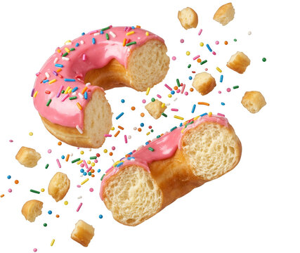 Delicious pink frosted donut with colorful sprinkles and crumbs on a white background for dessert and bakery themes