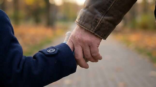Elderly hand holding child wrist in park