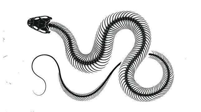 Black snake skeleton vector illustration showing detailed spinal anatomy in a sleek minimalist artistic graphic style