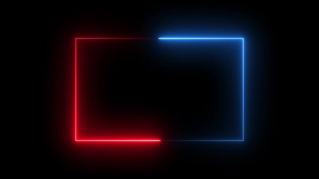 neon Square Rectangle picture frame icon animation glowing red and blue color party show seamless footage border frame display neon box line smooth effect on black background	