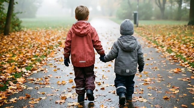 Two children walking along path with autumn leaves