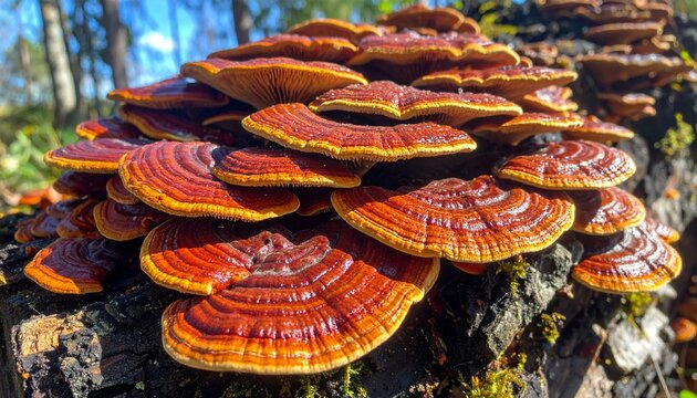 Close-up of vibrant red and orange bracket fungi growing on a mossy tree stump in a sunlit forest