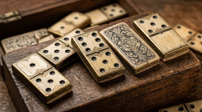 Antique dominoes resting in a wooden box, detailed carvings, rich history