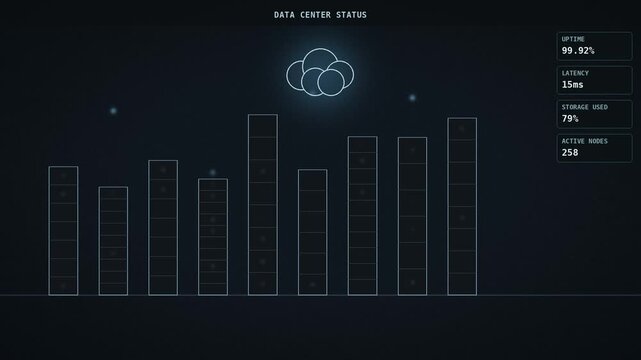 Data Center Server Rack Monitoring Animation with Cloud Icon, Seamless Loop