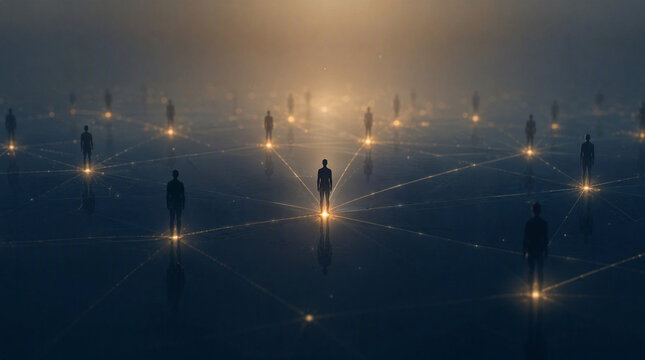 光の線でつながる人々のネットワーク概念図