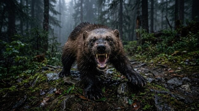 Aggressive wolverine snarling in a dark, misty forest on mossy ground