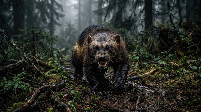 Ferocious wolverine animal aggressively approaching through a dark, foggy forest.