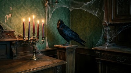 Obraz premium Black raven and lit candles in dark vintage room