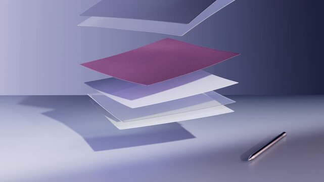 Stack of colorful paper sheets separates into floating layers and assembles again beside a metallic pen in a minimal 3D animation.