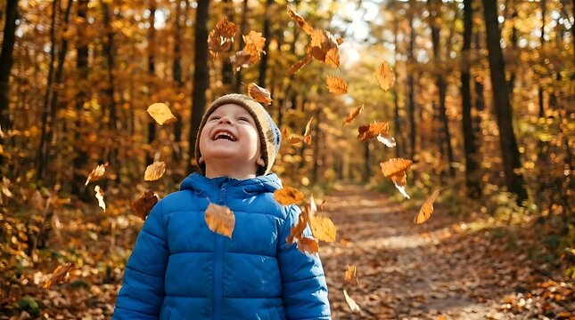 Laughing child with falling autumn leaves in forest