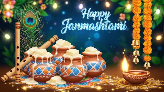 Illustration for happy janmashtami with butter pots flute peacock feather and marigold garland