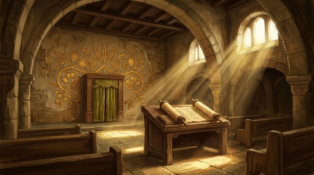 Ancient stone church interior with a wooden pulpit and an open scroll illuminated by warm sunlight beams