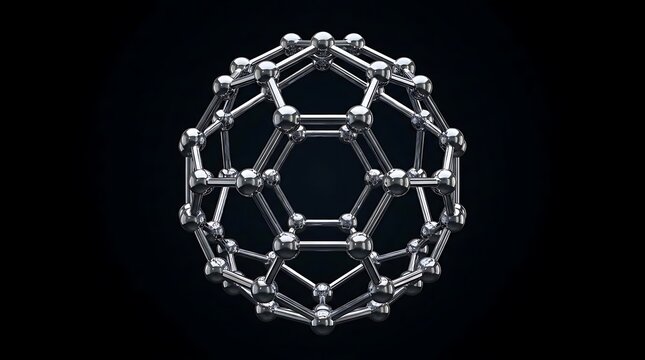 Metallic fullerene molecular structure on black background