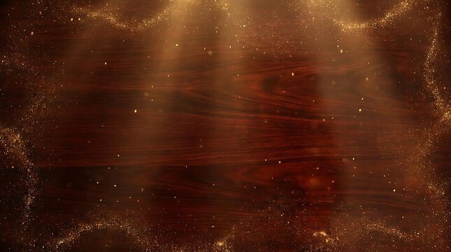 Wooden background with gold glitter and light rays
