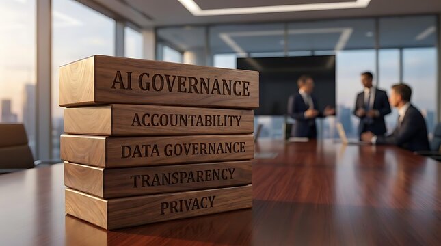 Wooden blocks with AI governance and accountability text
