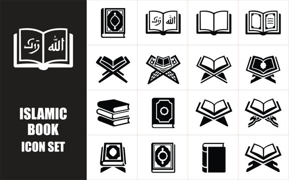 Islamic holy book and quran rehal black silhouette icon collection designed for ramadan kareem celebration and religious signage.