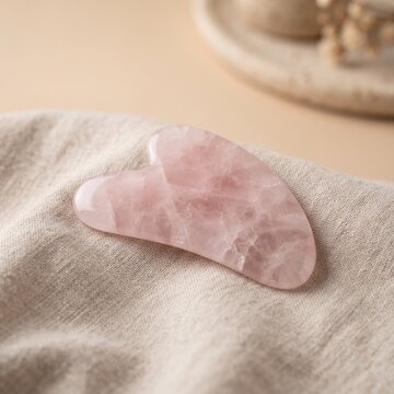 Rose Quartz Gua Sha Stone on Beige Linen, Minimal Spa Wellness Photography