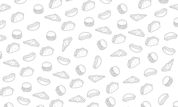Doodle Fast Food Pattern collection. Burger Taco Pizza Hot Dog Background 