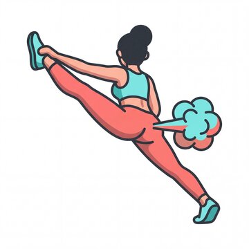 Woman farting while doing high leg stretch in fitness gear