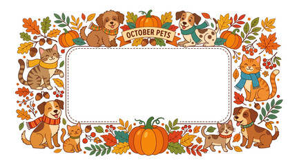 Fototapeta premium October Pets Autumn Theme Frame Illustration