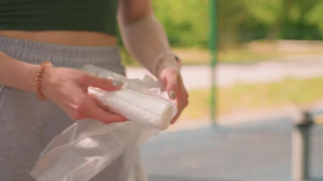 Close up of young woman unwrapping white athletic tape in outdoor setting. Woman holds roll and plastic packaging revealing its texture details against soft natural light. background shows