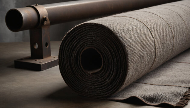 Minimalist heavy brown textile fabric roll on industrial metal holder