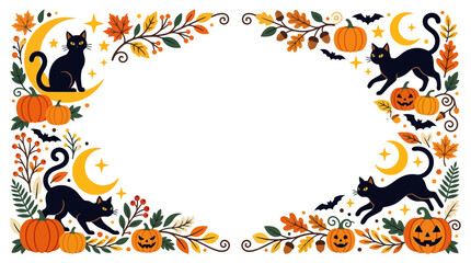 Fototapeta premium Halloween Frame with Black Cats and Pumpkins on Transparent