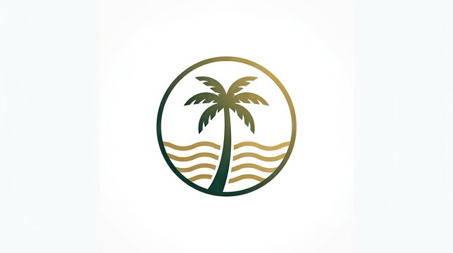 Minimalist circular palm tree and ocean wave logo