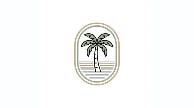 Minimalist palm tree badge with ocean waves and sunset.