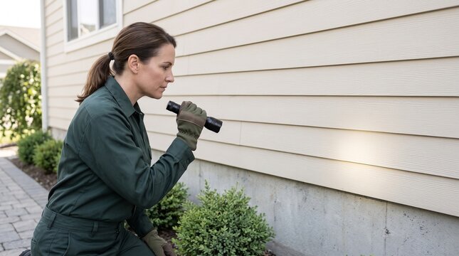 Pest control technician, checking home foundation, exterior perimeter inspection, professional preventive property service for insects and structural pest management