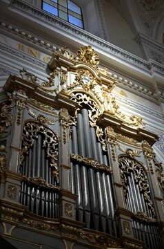 Grammichele, Sicily 01.03.2020: monumental pipe organ of the Mother Church of Saints Michael the Archangel and Catherine of Alexandria in Grammichele